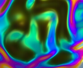 Poster - Holographic glossy surface with colorful opalescent ripples. Futuristic 3D illustration of neon glitched texture.