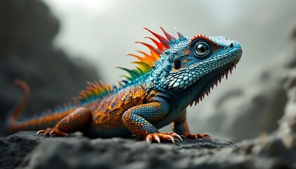 Vibrant Rainbow Lizard: A Striking Fantasy Reptile on Rocks