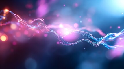 Wall Mural - Abstract glowing energy wave flowing through dark space, vibrant bokeh background; ideal for technology, science, or music visuals