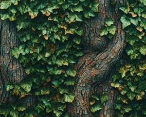 Discover the serene beauty of nature with this captivating image showcasing a Textured bark surface with fresh green plants spreading, intricate nature composition Explore the details of the bark