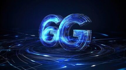Wall Mural - illuminated 6g technology logo glowing in dark with futuristic digital circles