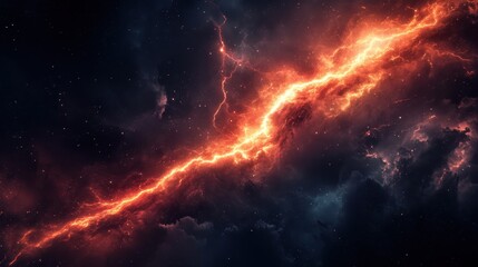 Wall Mural - fiery nebula lightning strike orange electrical discharge in space with stars and dark clouds
