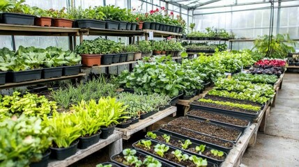 Wall Mural - Greenhouse with Rows of Fresh Herbs and Vegetables in Natural Light