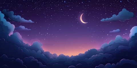 Wall Mural - Dreamy Night Sky with Crescent Moon, Clouds and Stars, Cartoon Vector Illustration.