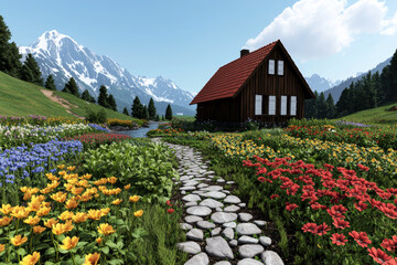 Rural estate mortgage. cozy rural estate surrounded by vibrant flowers and mountains