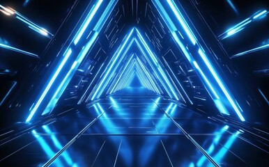Wall Mural - illuminated neon triangular tunnel with reflective floor evoking futuristic vibes