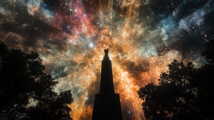 Wall Mural - monument silhouette against a vibrant cosmic nebula sky, framed by trees.