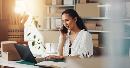 Aufkleber - Owner, boxes and woman with phone call on laptop for stock order, supply chain and shipping checklist. Small business, ecommerce and person with discussion for client package, online shop and flare