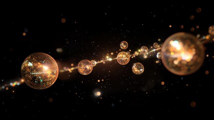 Wall Mural - Golden Sphere Orbs Floating in Dark Space Abstract Futuristic Sci-Fi Background with Bokeh Lights.