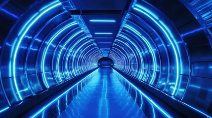 Wall Mural - mesmerizing blue neon tunnel with reflections creating a futuristic atmosphere