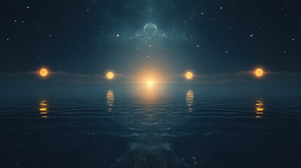 Wall Mural - surreal cosmic seascape with distant stars and reflected orbs over calm ocean waters