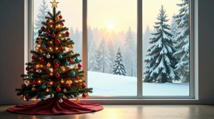 Poster - A Decorated Christmas Tree by a Window with a Snowy Winter Scene Outside