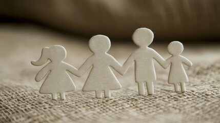 Wall Mural - Paper family holding hands on burlap, unity concept, family image