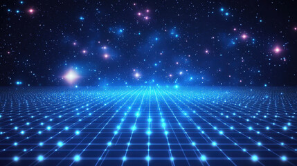Blue digital grid background with glowing stars and particles, a futuristic technology concept