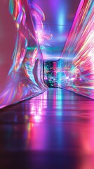 Wall Mural - A vibrant abstract hallway illuminated by colorful light reflections. This AI-generated image captivates with its futuristic appeal and mesmerizing depth. Generative AI