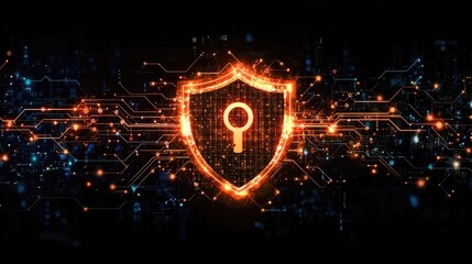 Digital shield symbolizing cybersecurity with glowing circuits and a keyhole, representing protection