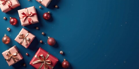 Wall Mural - Festive Season Gift Presentation with Red and Gold Accents on a Deep Blue Background