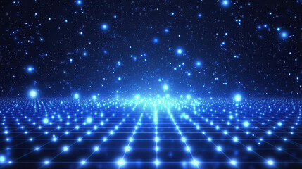 Blue digital grid background with glowing stars and particles, a futuristic technology concept