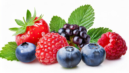 Wall Mural - Blueberries, raspberries and strawberries isolated on white background. Berries fruits