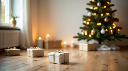 Poster - A Festive Arrangement of Wrapped Gifts Beside a Decorated Christmas Tree in a Warmly Lit Room