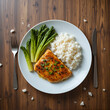 © Rachel - Intermittent fasting dinner with a lean protein source, steamed veggies, and a small portion of rice, photo realistic, copy space for text, Intermittent Fasting, evening meal