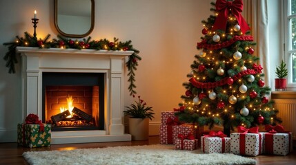 Poster - A cozy holiday scene featuring a decorated Christmas tree, presents, a fireplace with a warm fire, and festive garland