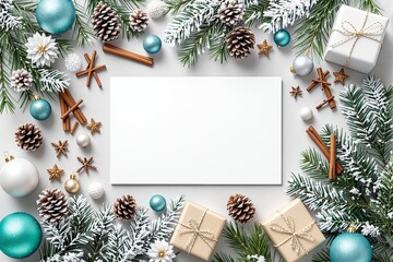 Wall Mural - Blank card surrounded by Christmas decorations, pine branches, ornaments, cinnamon sticks, and gift boxes on a light background. Ai generative