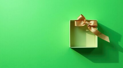 Wall Mural - An empty gift box with a golden ribbon bow on a vibrant green background