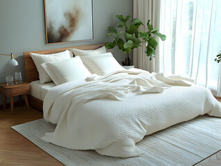 Wall Mural - A serene bedroom features a white bedspread and green plants, bathed in soft natural light