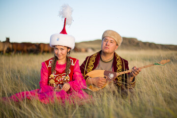 Wall Mural - Kazakh woman and man in national costumes