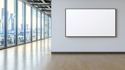 Wall Mural - modern gallery space featuring large blank frame on wall, with expansive windows showcasing city skyline