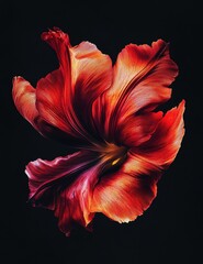 abstract red flower with swirling petals on black background.