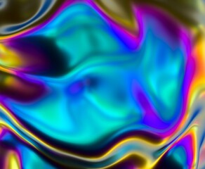 Poster - Holographic glossy surface with colorful opalescent ripples. Futuristic 3D illustration of neon glitched texture.