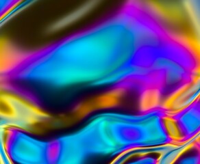 Poster - Holographic glossy surface with colorful opalescent ripples. Futuristic 3D illustration of neon glitched texture.