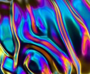 Poster - Holographic glossy surface with colorful opalescent ripples. Futuristic 3D illustration of neon glitched texture.