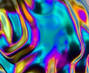 Poster - Holographic glossy surface with colorful opalescent ripples. Futuristic 3D illustration of neon glitched texture.
