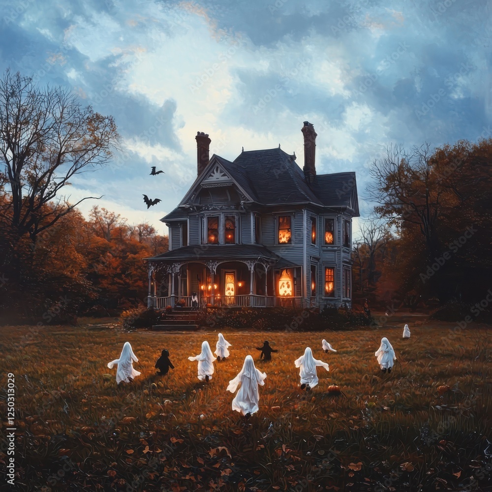 Children playing hide and seek in ghost costumes at a haunted house ...