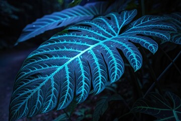 leaf glowing with blue light in darkness. Futuristic nature and bio-luminescenc