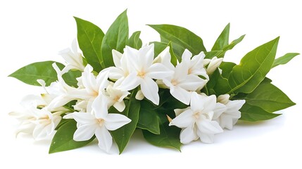 Canvas Print - Close-up of a cluster of delicate white flowers with vibrant green leaves, isolated on a white background.