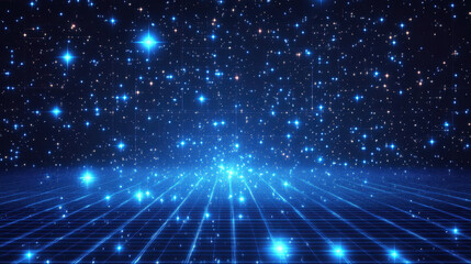 Blue digital grid background with glowing stars and particles, a futuristic technology concept