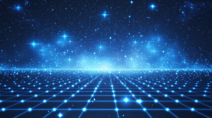 Blue digital grid background with glowing stars and particles, a futuristic technology concept