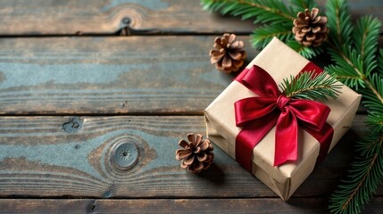 Wall Mural - A Rustic Wooden Surface Decorated with a Gift Box, Pine Cones, and Evergreen Branches for a Festive Holiday Presentation