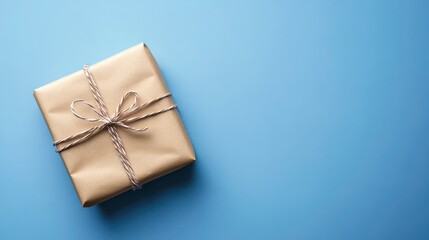 Gray kraft paper eco-friendly packaging concept. Simple Kraft Paper Wrapped Gift on Blue Background