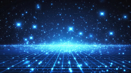 Blue digital grid background with glowing stars and particles, a futuristic technology concept