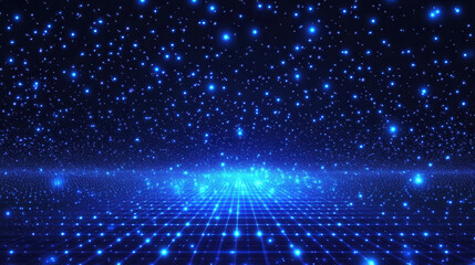Blue digital grid background with glowing stars and particles, a futuristic technology concept