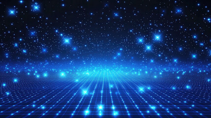 Blue digital grid background with glowing stars and particles, a futuristic technology concept