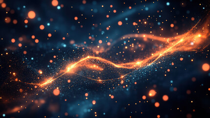 Abstract background with glowing particles and light trails on dark blue