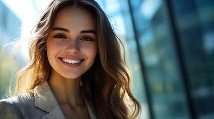 Wall Mural - Close-up portrait of a smiling young woman with long brown hair, outdoors in the city.