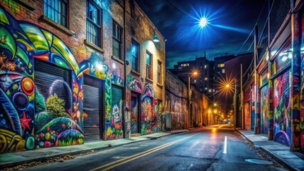 Naklejka na meble Nighttime urban landscape with vibrant graffiti covering a large section of the street , city streets, cityscape