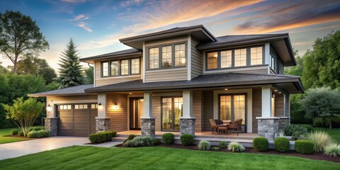 Wall Mural - Modern two-story home with a large porch and a lush green lawn , serene landscape, modern style